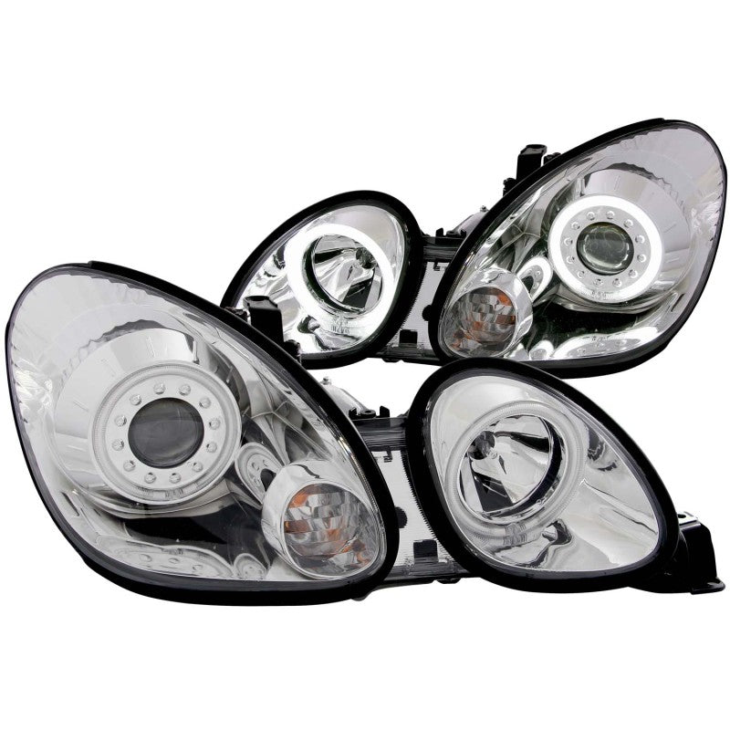 ANZO projector headlights with halo chrome for 1998-2005 Lexus GS300, featuring clear lens and chrome housing.