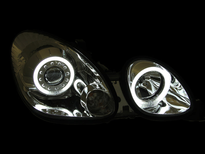 ANZO projector headlights with halo chrome for 1998-2005 Lexus GS300, featuring clear lens and chrome housing.
