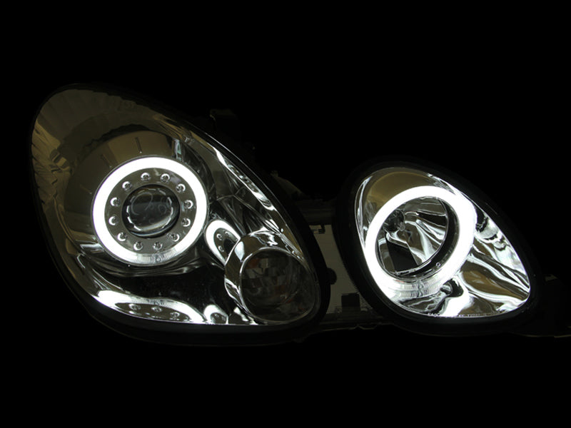 ANZO projector headlights with halo chrome for 1998-2005 Lexus GS300, featuring clear lens and chrome housing.