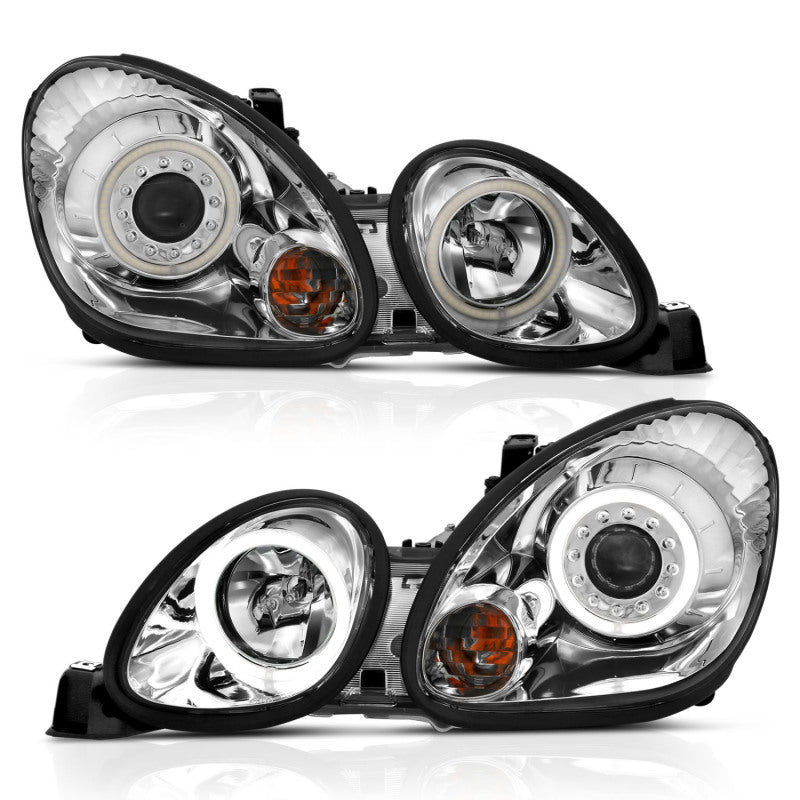 ANZO projector headlights with halo chrome for 1998-2005 Lexus GS300, featuring clear lens and chrome housing.