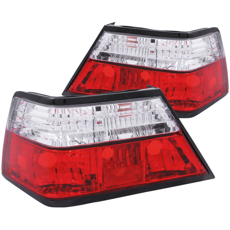 ANZO 1986-1995 Mercedes Benz E Class W124 taillights featuring a red and clear lens design, ideal for enhancing vehicle visibility and style.