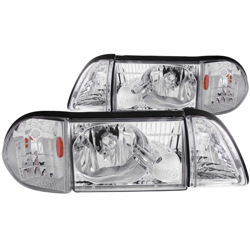 ANZO Crystal Headlight Set for 1987-1993 Ford Mustang featuring clear lens and chrome housing.