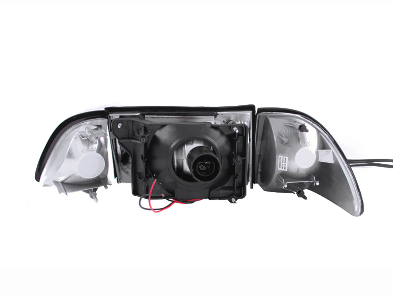 ANZO Crystal Headlight Set for 1987-1993 Ford Mustang featuring clear lens and chrome housing.