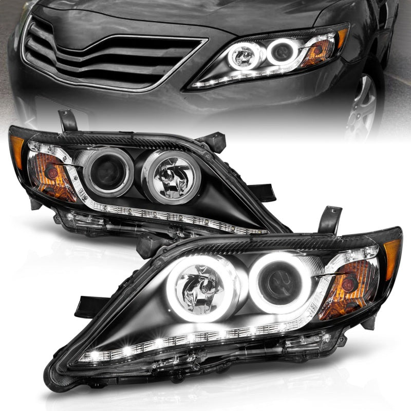 ANZO 2010-2011 Toyota Camry Projector Headlights with Halo in black housing, showcasing clear lens and stylish design.