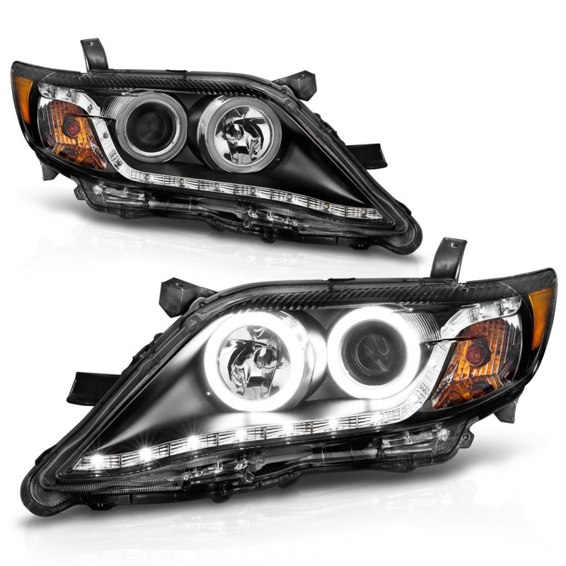 ANZO 2010-2011 Toyota Camry Projector Headlights with Halo in black housing, showcasing clear lens and stylish design.