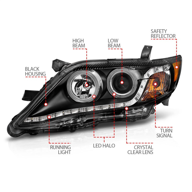 ANZO 2010-2011 Toyota Camry Projector Headlights with Halo in black housing, showcasing clear lens and stylish design.