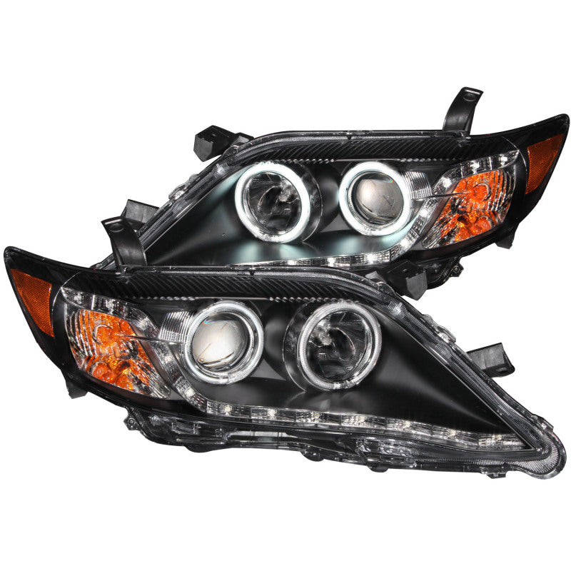 ANZO 2010-2011 Toyota Camry Projector Headlights with Halo in black housing, showcasing clear lens and stylish design.