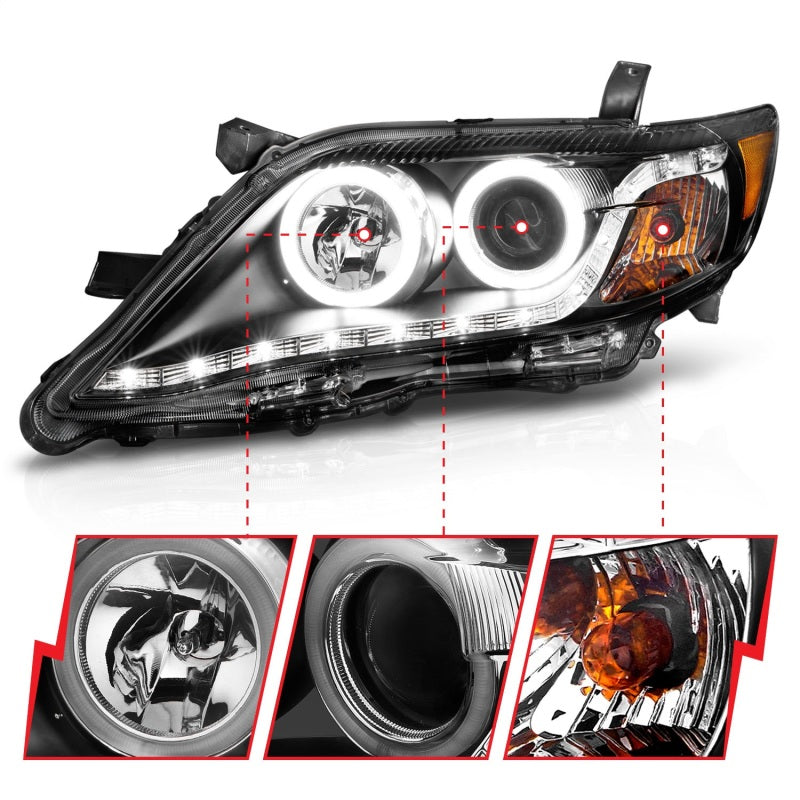 ANZO 2010-2011 Toyota Camry Projector Headlights with Halo in black housing, showcasing clear lens and stylish design.
