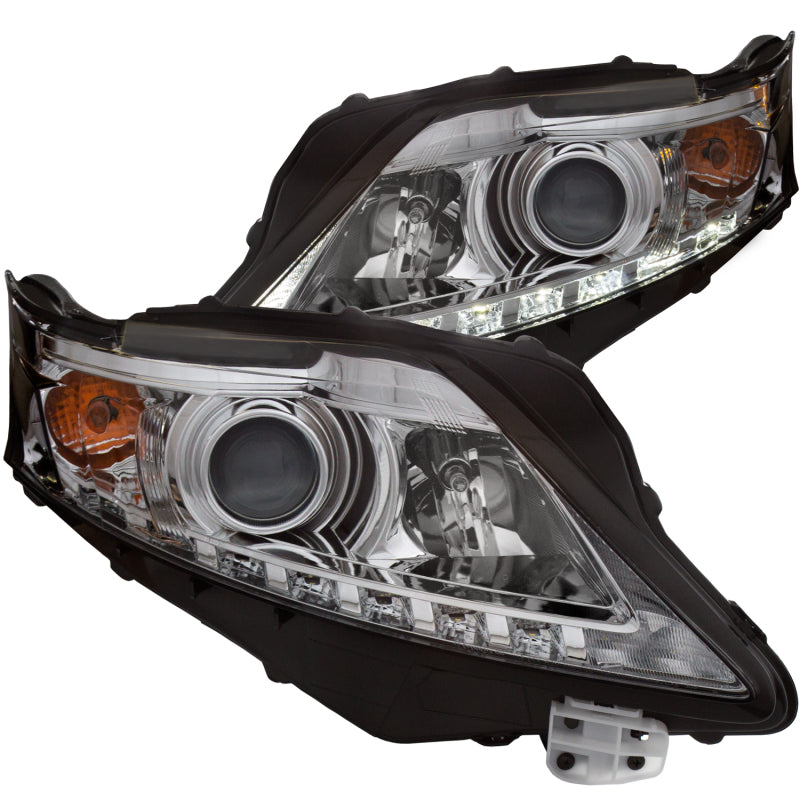ANZO projector headlights for 2010-2012 Lexus RX350 featuring clear lens and chrome housing with U-Bar design.