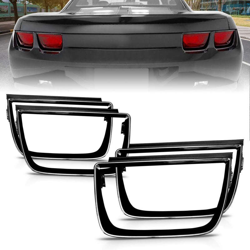 ANZO 2010-2013 Chevrolet Camaro taillight bezels in gloss black finish, showcasing sleek design and perfect fit.