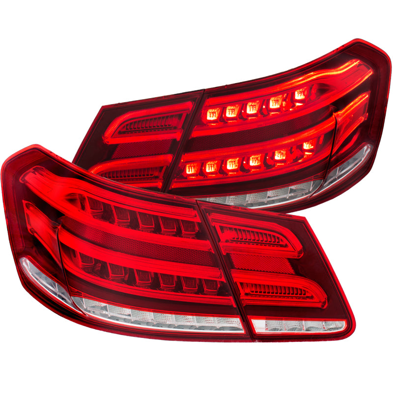 ANZO LED Taillights for 2010-2013 Mercedes Benz E Class in Red/Clear, showcasing modern design and enhanced visibility.