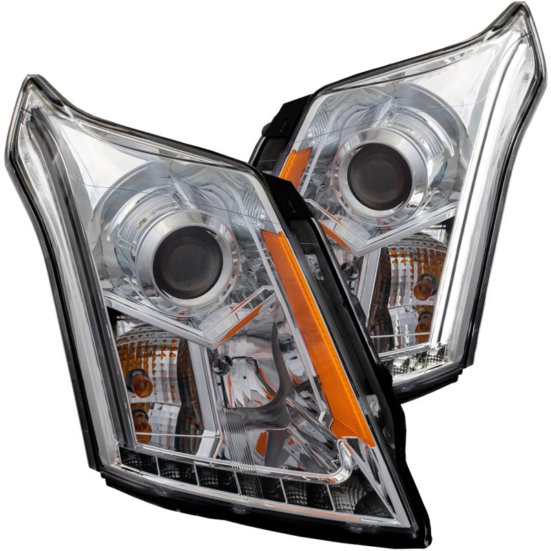 ANZO projector headlights for 2010-2015 Cadillac SRX with clear lens and chrome housing.