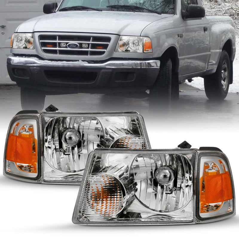 ANZO Crystal Headlight Set for 2001-2011 Ford Ranger with clear lens and chrome housing.