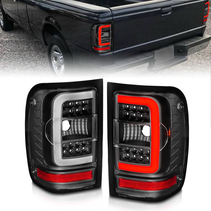ANZO LED Tail Lights for 2001-2011 Ford Ranger with black housing and light bar design.