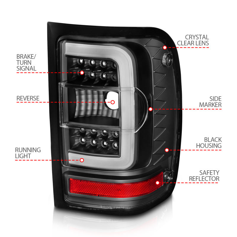 ANZO LED Tail Lights for 2001-2011 Ford Ranger with black housing and light bar design.