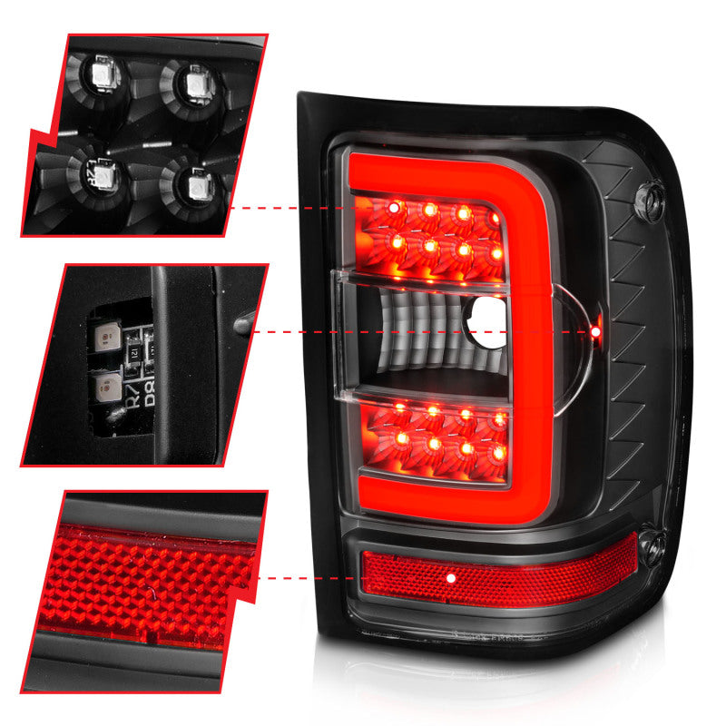 ANZO LED Tail Lights for 2001-2011 Ford Ranger with black housing and light bar design.