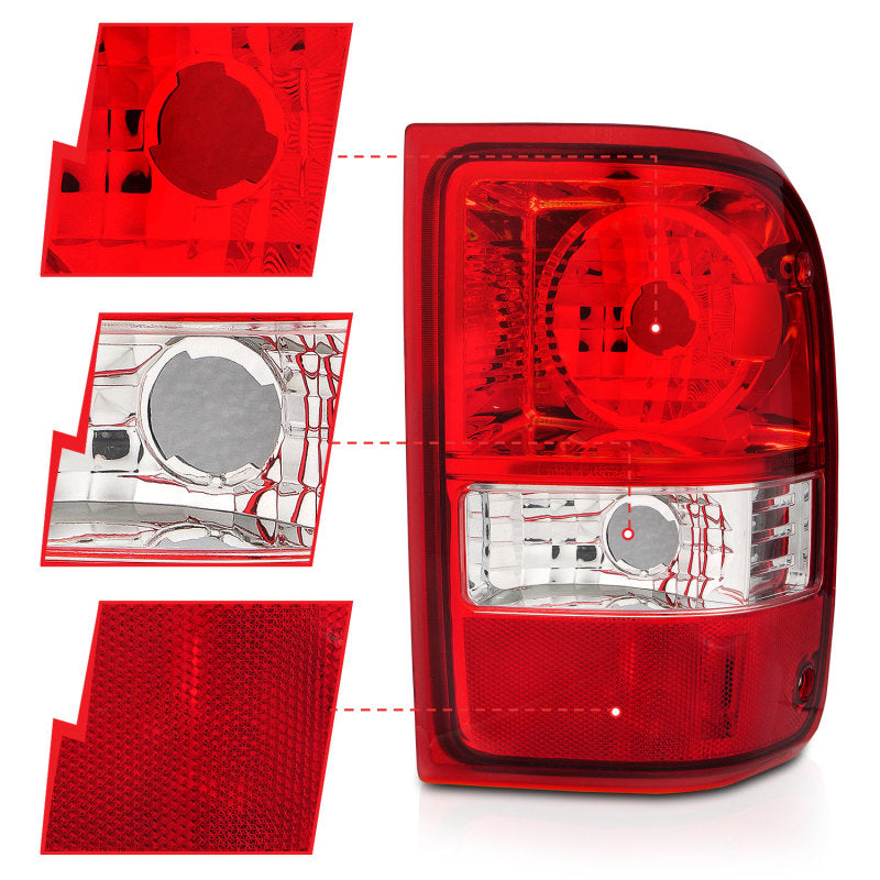 ANZO 2001-2011 Ford Ranger Taillights with red and clear lens, showcasing modern design and high-quality construction.