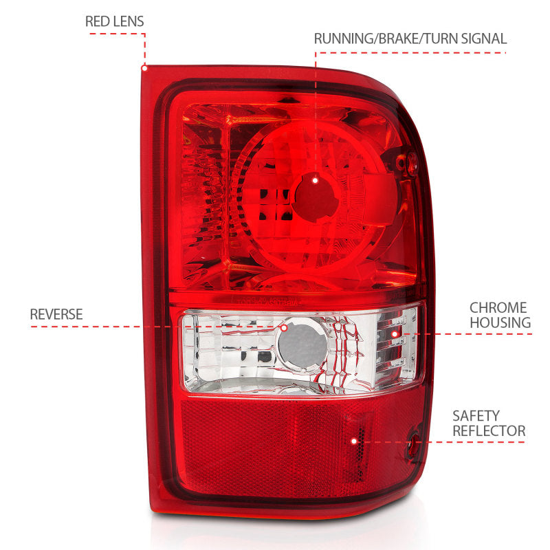 ANZO 2001-2011 Ford Ranger Taillights with red and clear lens, showcasing modern design and high-quality construction.