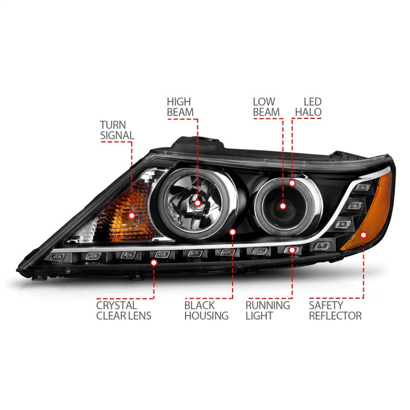 ANZO 2011-2013 Kia Sorento Projector Headlights with Halo Black, featuring clear lens and black housing for enhanced style and visibility.