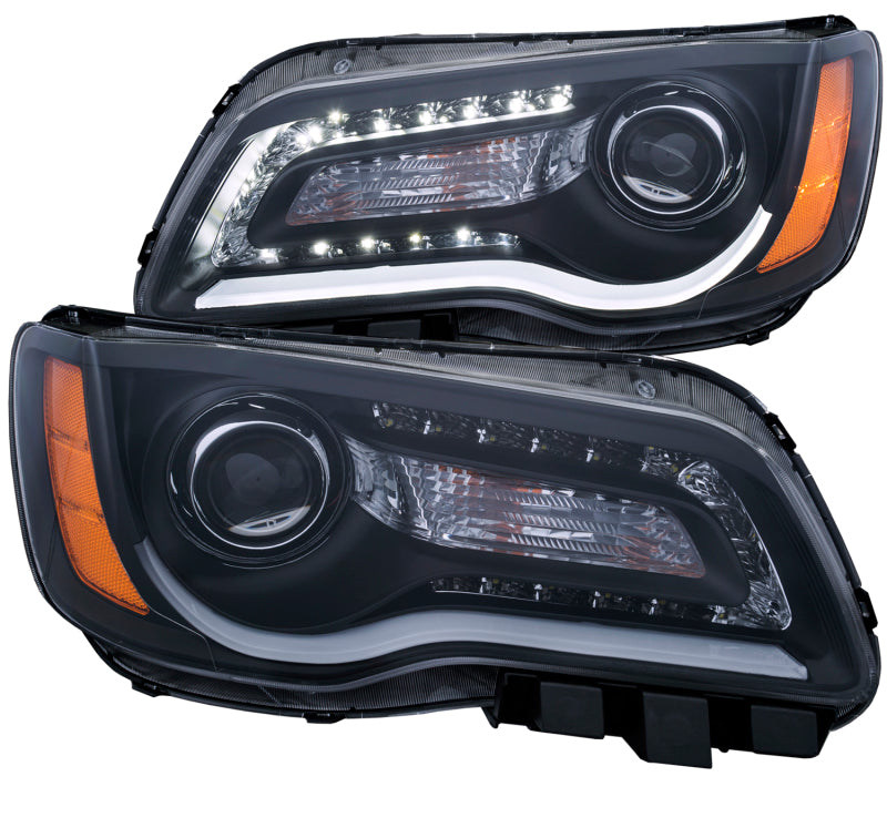 ANZO projector headlights for 2011-2014 Chrysler 300 with clear lens and black housing, featuring a modern plank style design.