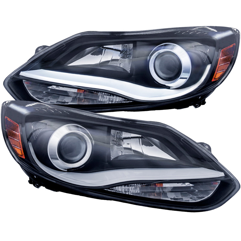 ANZO 2012-2014 Ford Focus Projector Headlights with clear lens and black housing, featuring a modern plank style design.