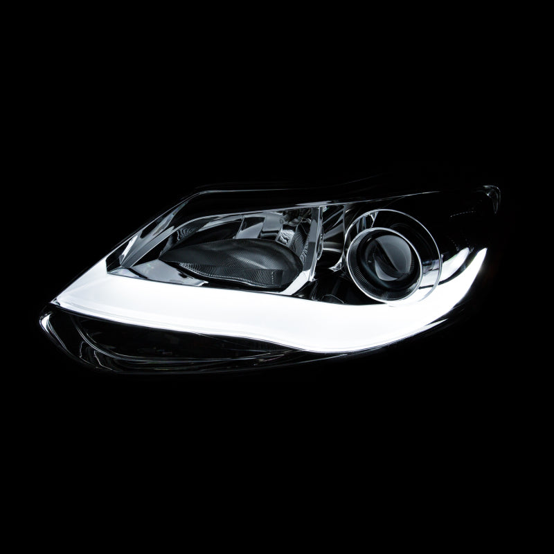 ANZO 2012-2014 Ford Focus Projector Headlights with clear lens and black housing, featuring a modern plank style design.