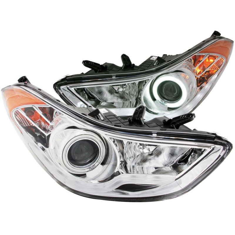 ANZO 2011-2014 Hyundai Elantra Projector Headlights with Halo Chrome, showcasing clear lens and chrome housing.