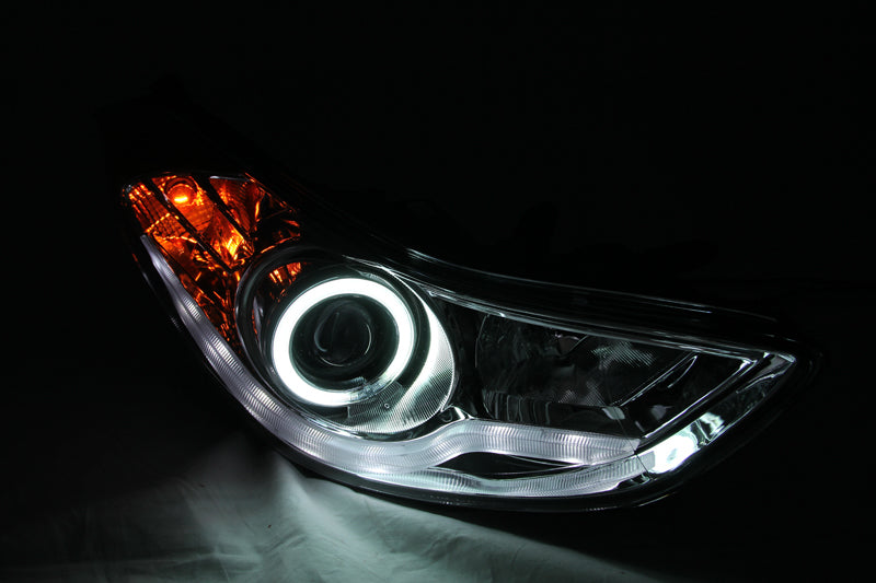 ANZO 2011-2014 Hyundai Elantra Projector Headlights with Halo Chrome, showcasing clear lens and chrome housing.