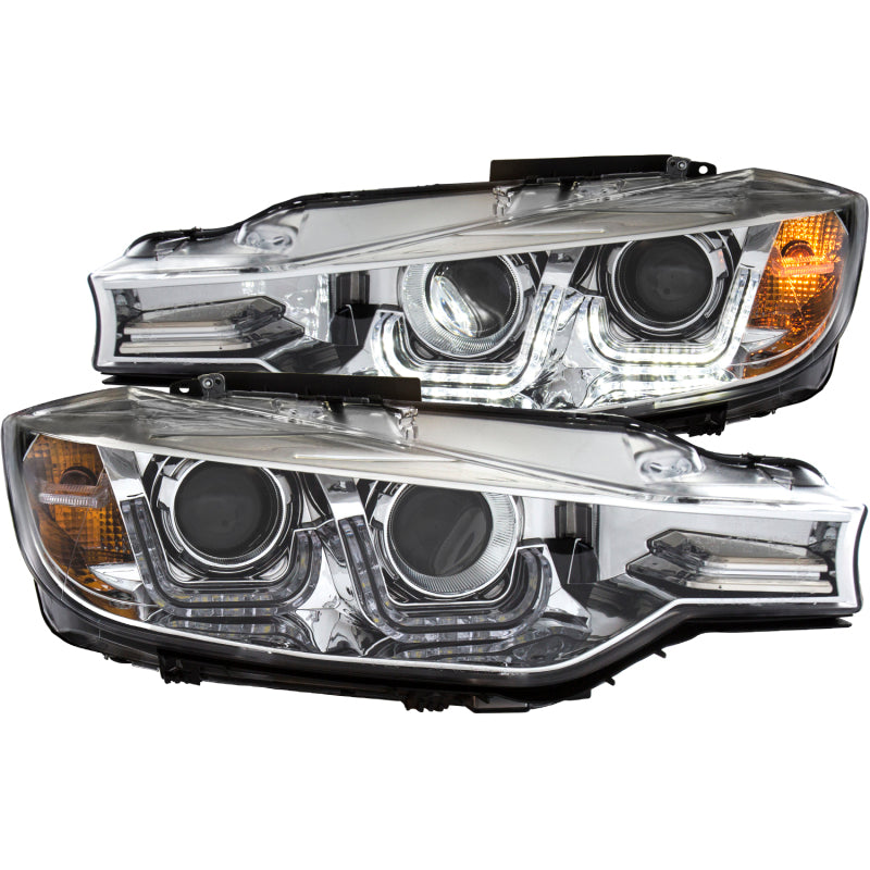 ANZO 2012-2015 BMW 3 Series projector headlights with U-Bar chrome design, showcasing modern styling and enhanced visibility.