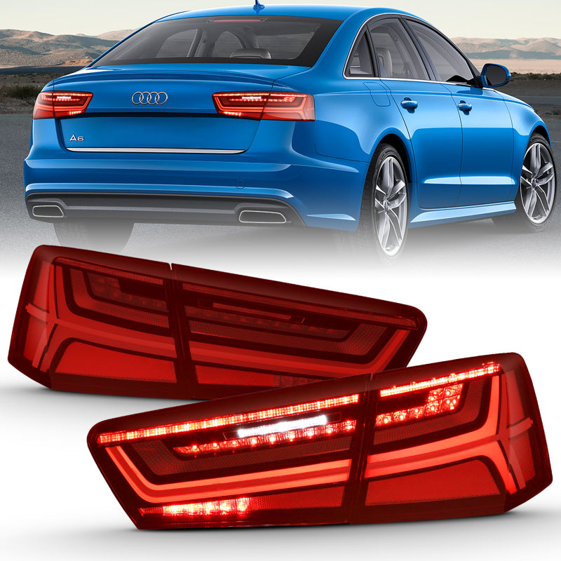 ANZO LED taillight assembly for 2012-2018 Audi A6 with black housing and red/clear lens, showcasing modern design and enhanced visibility.