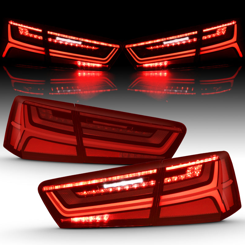 ANZO LED taillight assembly for 2012-2018 Audi A6 with black housing and red/clear lens, showcasing modern design and enhanced visibility.