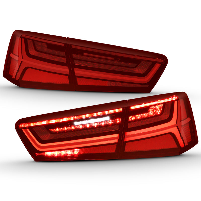 ANZO LED taillight assembly for 2012-2018 Audi A6 with black housing and red/clear lens, showcasing modern design and enhanced visibility.