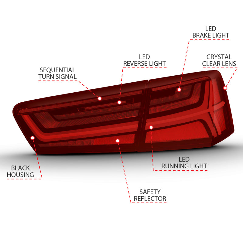 ANZO LED taillight assembly for 2012-2018 Audi A6 with black housing and red/clear lens, showcasing modern design and enhanced visibility.
