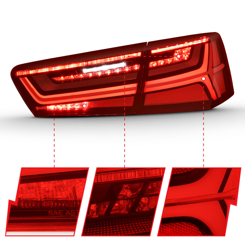 ANZO LED taillight assembly for 2012-2018 Audi A6 with black housing and red/clear lens, showcasing modern design and enhanced visibility.