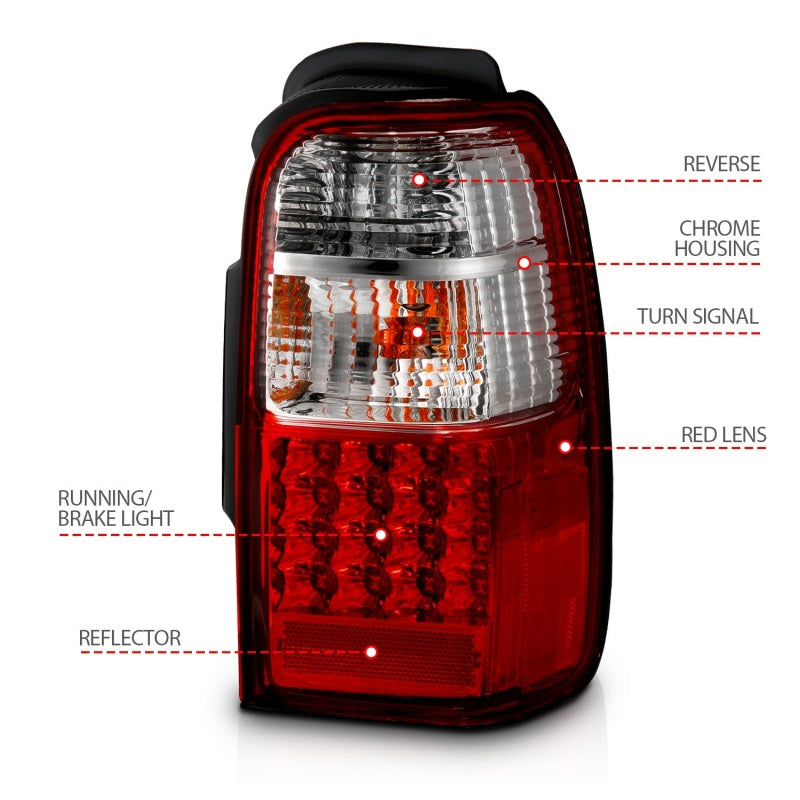 ANZO LED taillights for 2001-2002 Toyota 4Runner in red and clear lens, showcasing modern design and bright illumination.