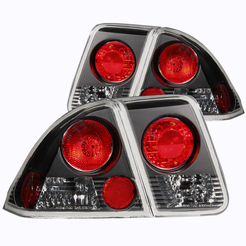 ANZO 2001-2004 Honda Civic Taillights featuring black housing and clear lens, designed for improved visibility and style.