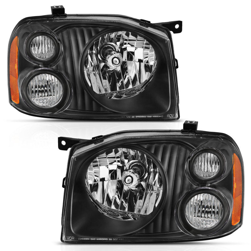 ANZO Crystal Headlight for 2001-2004 Nissan Frontier in black and amber design, showcasing clear lens and reflector.