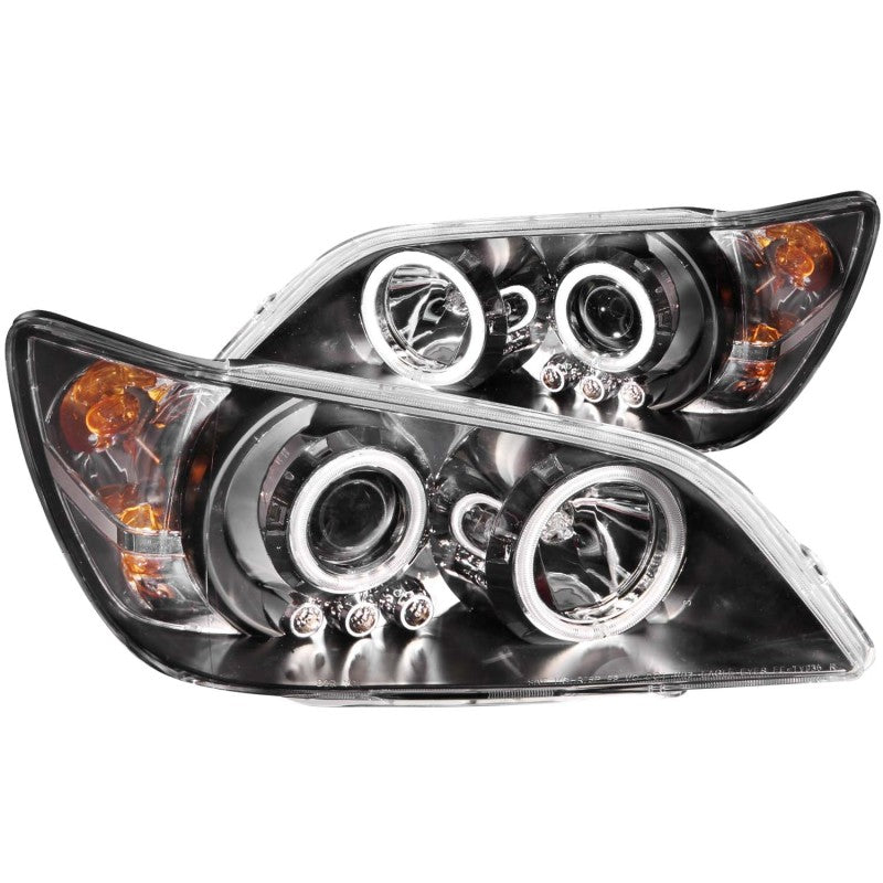 ANZO projector headlights for 2001-2005 Lexus IS300 with halo lights and black housing, showcasing modern design and clear lens.