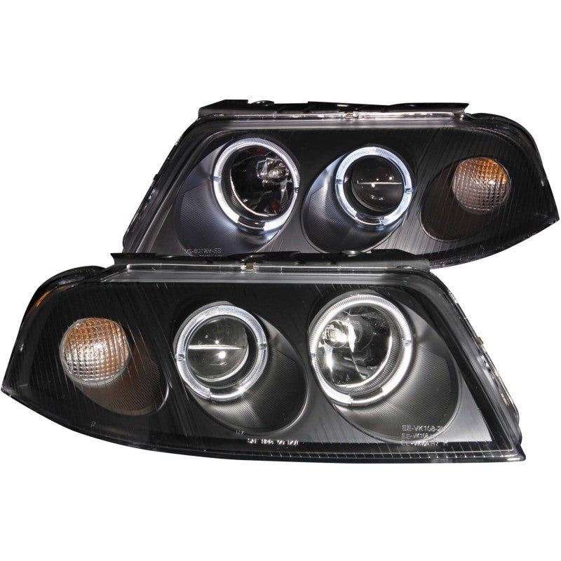 ANZO projector headlights with halo black design for 2001-2005 Volkswagen Passat, featuring clear lens and black housing.