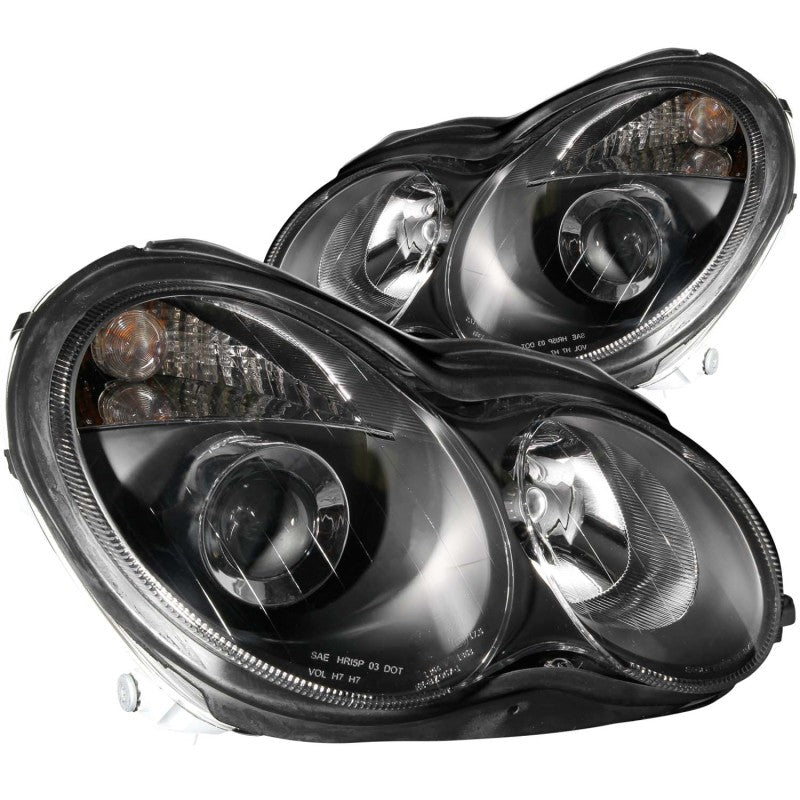 ANZO projector headlights for 2001-2007 Mercedes Benz C Class, featuring clear lens and black housing.