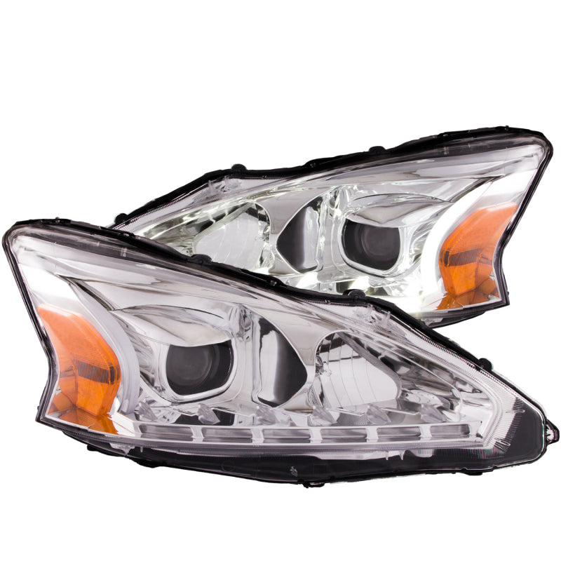 ANZO 2013-2014 Nissan Altima Projector Headlights featuring clear lens and chrome housing in plank style design.