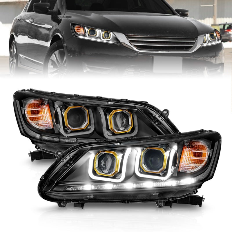 ANZO 2013-2015 Honda Accord Projector Headlights with U-Bar in black housing, showcasing clear lens and modern design.