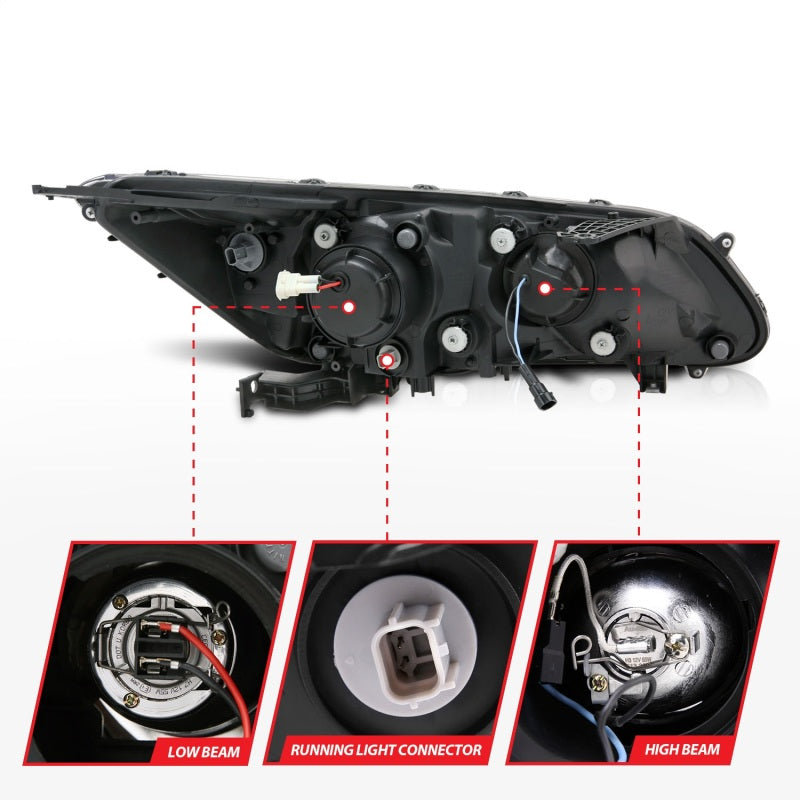 ANZO 2013-2015 Honda Accord Projector Headlights with U-Bar in black housing, showcasing clear lens and modern design.