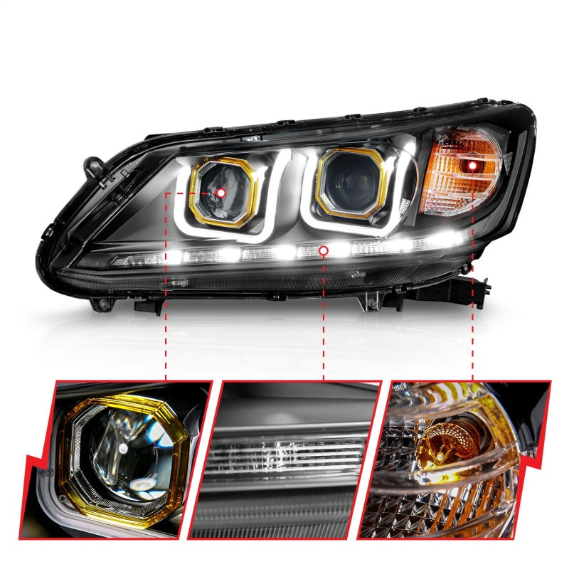 ANZO 2013-2015 Honda Accord Projector Headlights with U-Bar in black housing, showcasing clear lens and modern design.