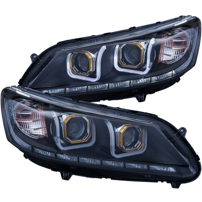 ANZO 2013-2015 Honda Accord Projector Headlights with U-Bar in black housing, showcasing clear lens and modern design.