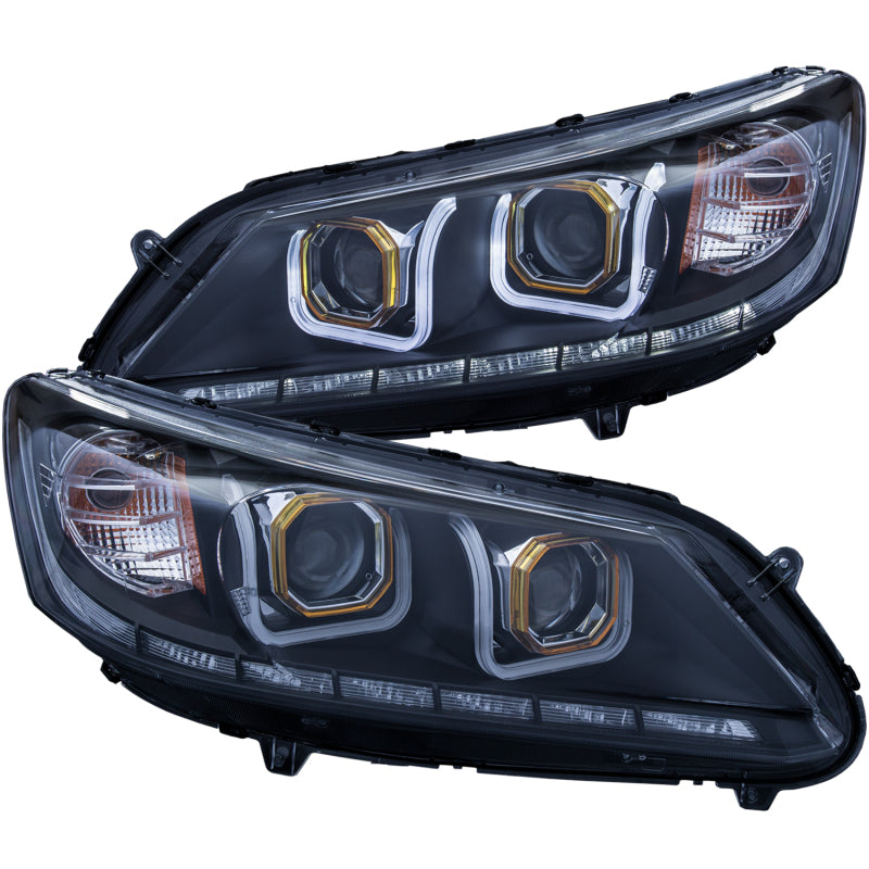 ANZO 2013-2015 Honda Accord Projector Headlights with U-Bar in black housing, showcasing clear lens and modern design.