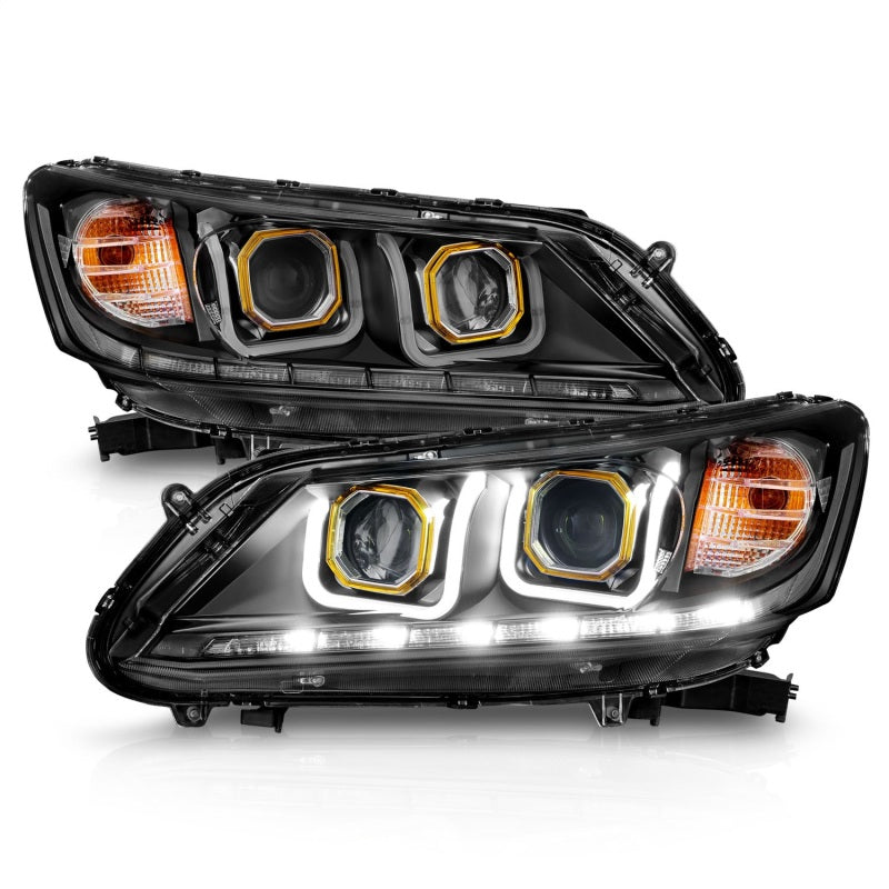 ANZO 2013-2015 Honda Accord Projector Headlights with U-Bar in black housing, showcasing clear lens and modern design.