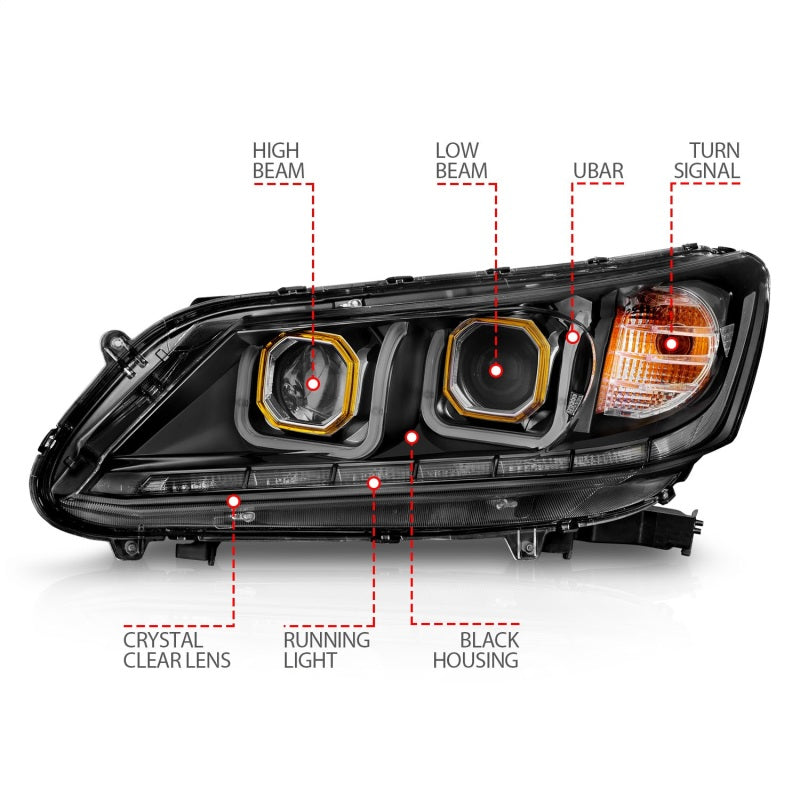 ANZO 2013-2015 Honda Accord Projector Headlights with U-Bar in black housing, showcasing clear lens and modern design.