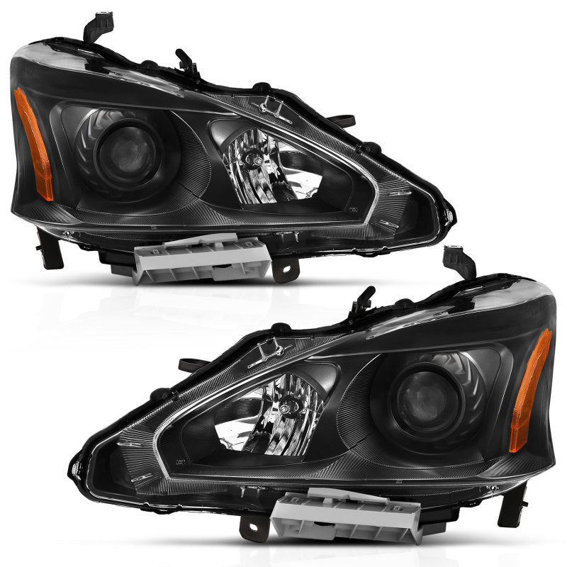 ANZO 2013-2015 Nissan Altima Projector Headlight set featuring clear lens and black amber housing.
