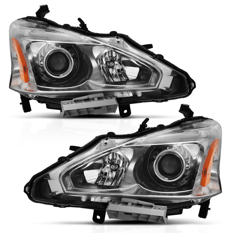 ANZO Projector Headlight set for 2013-2015 Nissan Altima featuring clear lens and chrome housing.